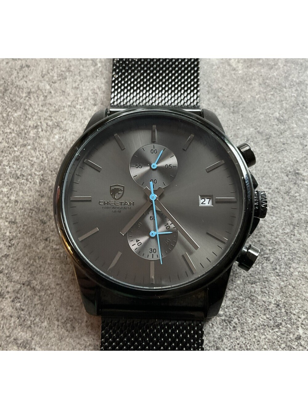 Cheetah Chronograph Watch Mens 44mm Black Stainless Steel Mesh Band CH-1604 A21